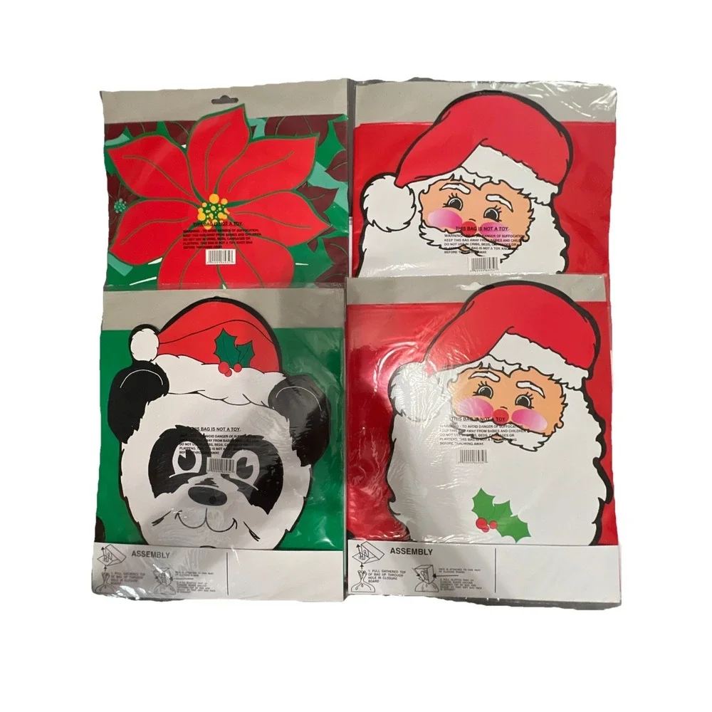 4-Vintage‎ 1990s Jumbo Gift Bag With Santa Panda Poinsettia Christmas 28x36 NOS